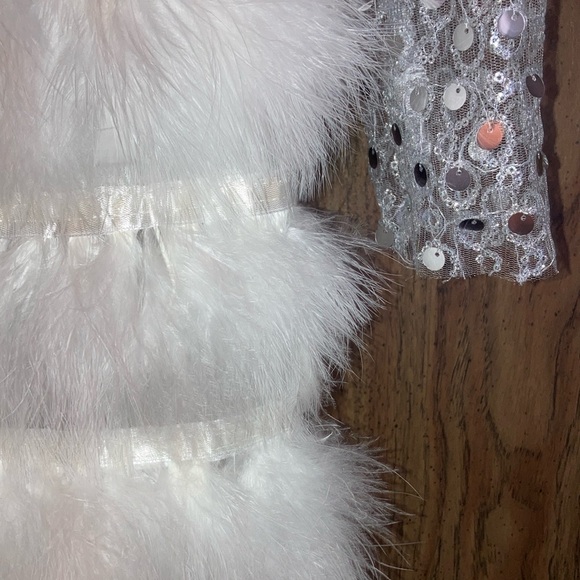 PETITE #126 Silver Sequin White Marabou Feather Split Hem Party Dress XXS XS - Picture 7 of 9